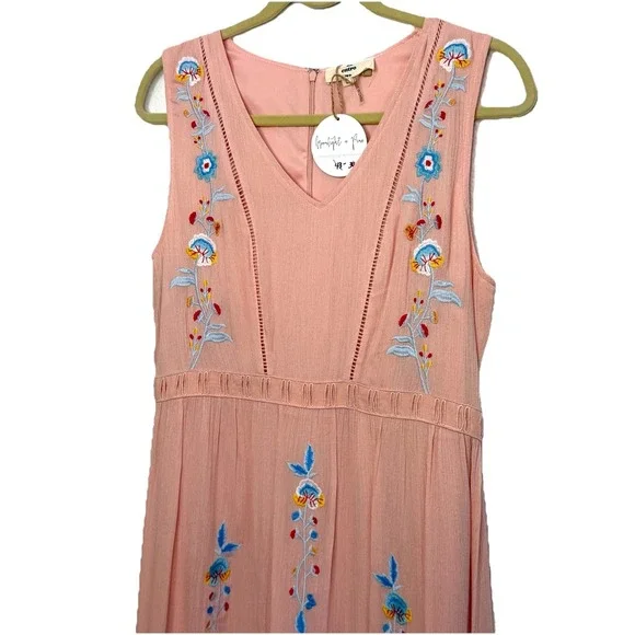 Entro Peach Embroidered Midi Dress Boho Floral Sleeveless Empire Waist Size L - Picture 6 of 14